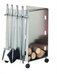 Set accessorio inox per camino con portalegna e ruote